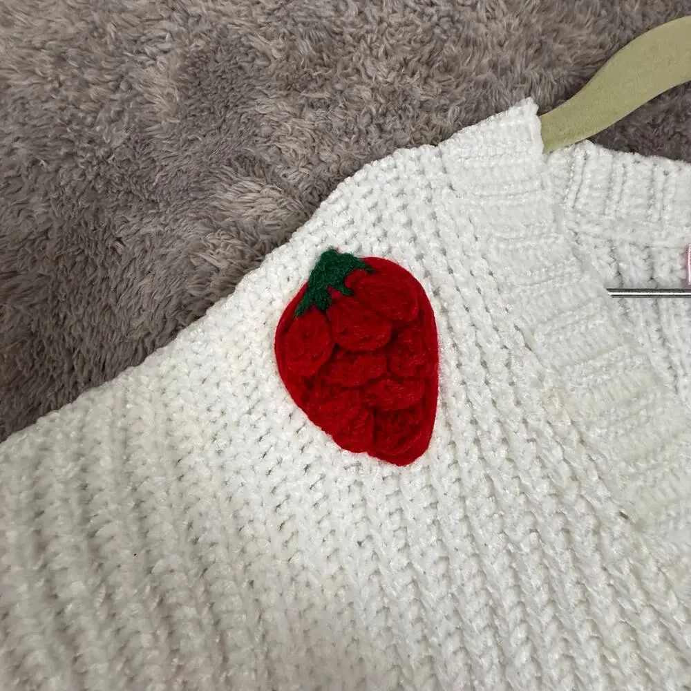 NWT Strawberry Embroider Ribbed White Cardigan Sweater Love Squared Girls 10 12